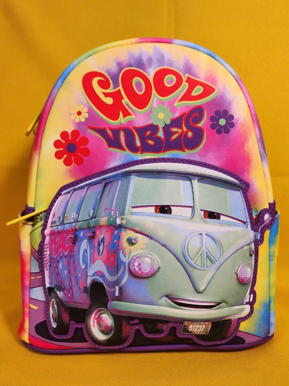 Loungefly Disney Pixar Cars Fillmore Tie-Dye Good Vibes Hippie Min Backpack NEW
